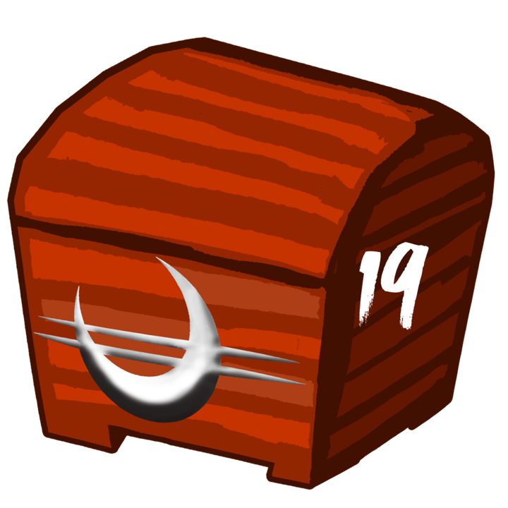 Lootbox 19, a red chest bearing a silver crescent, sealed
